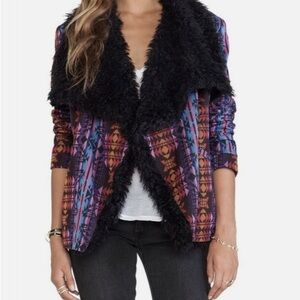 Southwestern Print Jacket with Faux Fur Collar